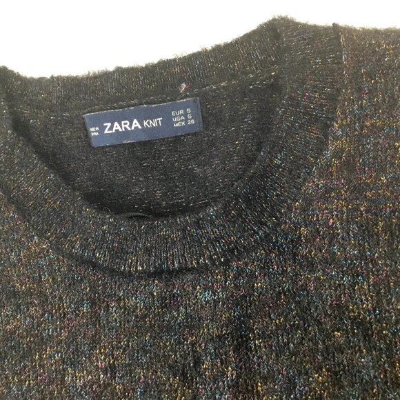 Zara Knit Metallic Thread Women's Sweater Size S Black Short Sleeve Rolled Hems - Picture 5 of 8